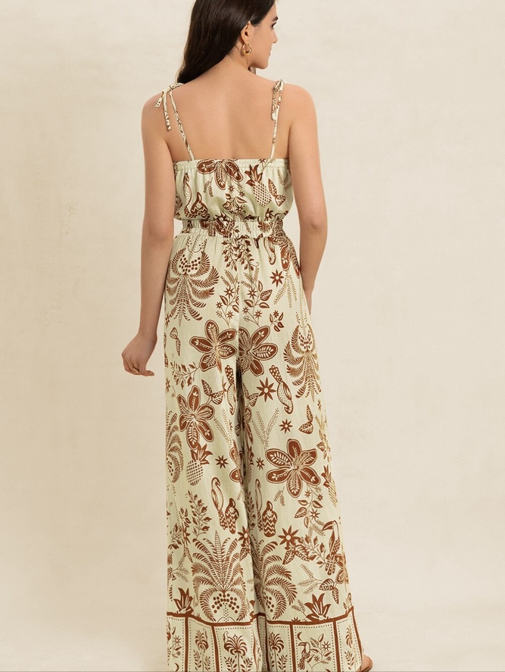 Women's Cream & Brown Printed Wide-Leg Jumpsuit - Picture 3 of 8